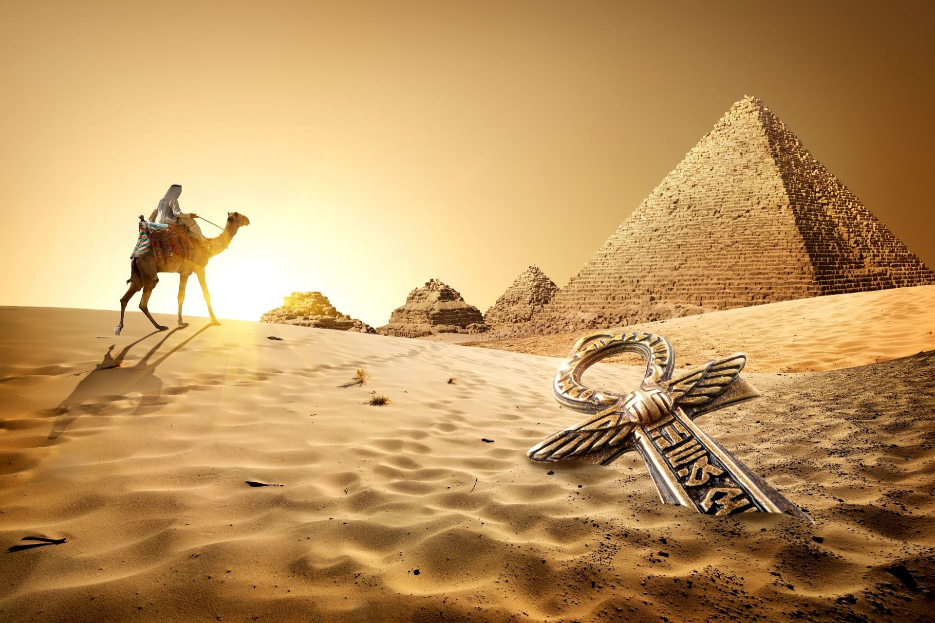 Bedouin on camel near pyramids EGYPT