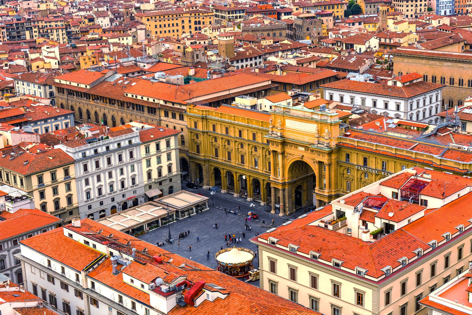 Orange,Roofs,Overview,Arcone,Triumphal,Arch,Archway,Piazza,Della,Republica