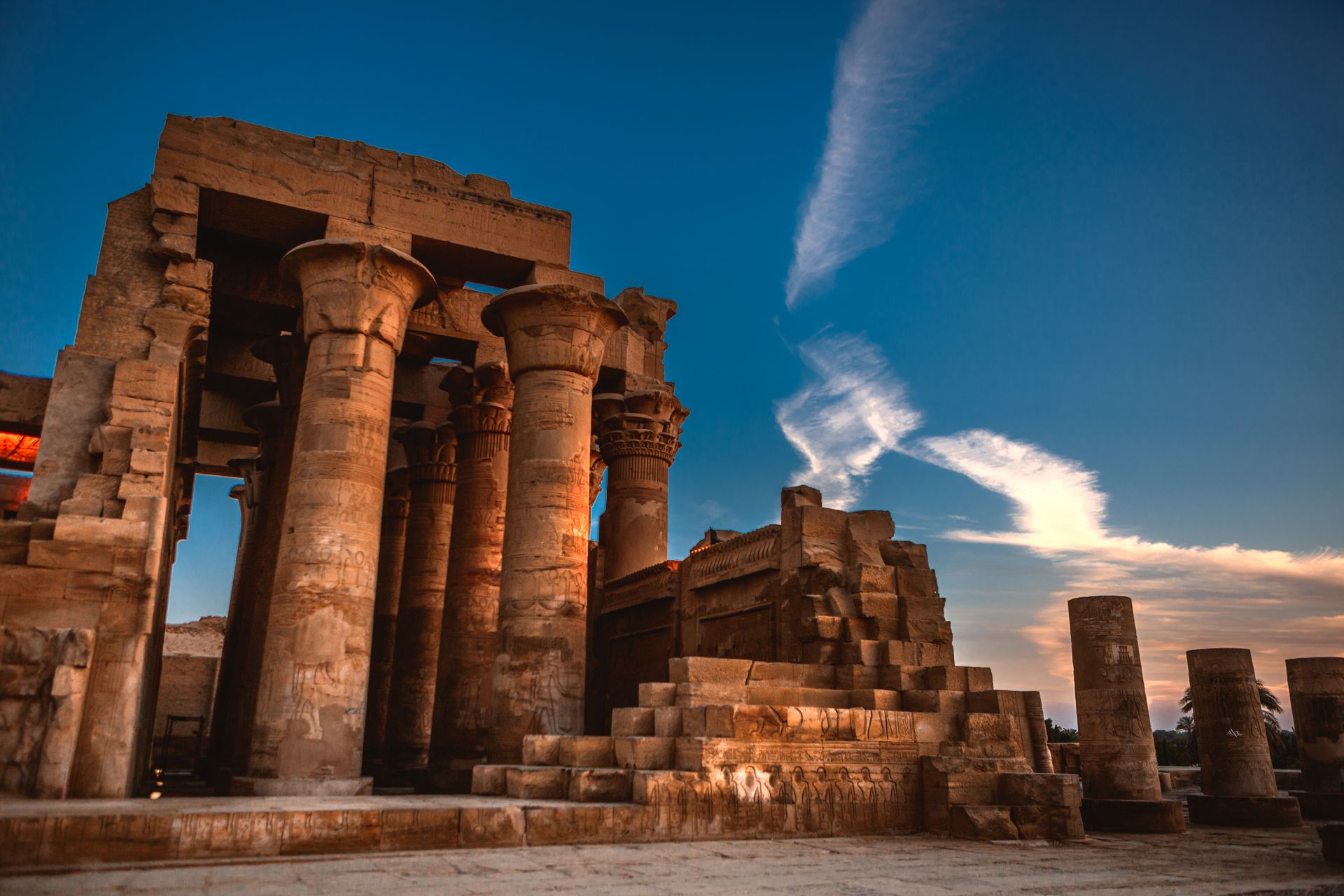 Minimizing vertical view of the Temple of Kom Ombo in Aswan, Egypt against a blue sky