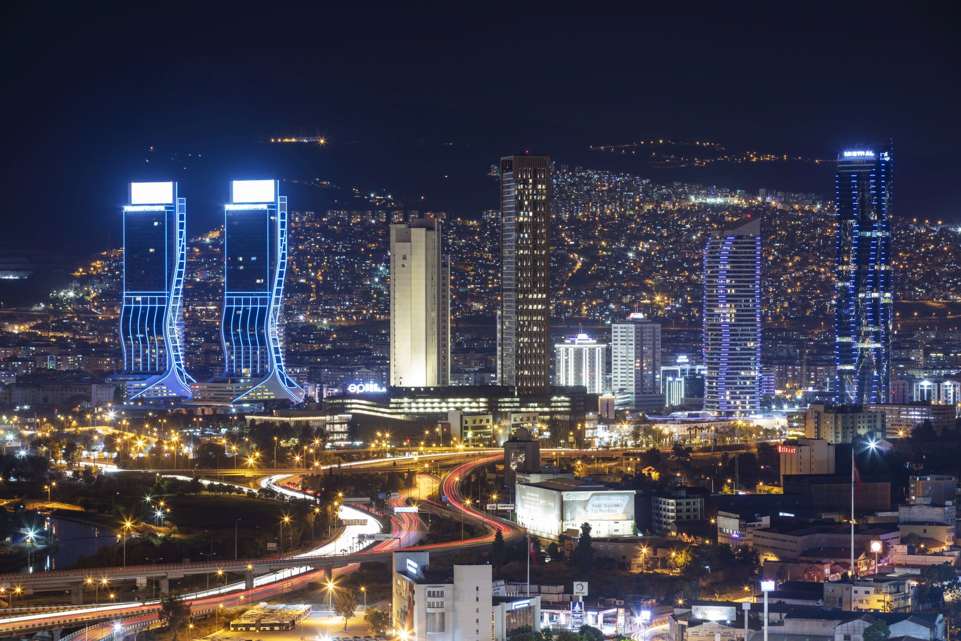Panoramic izmir city photo taken with night long exposure technique, with plenty of light