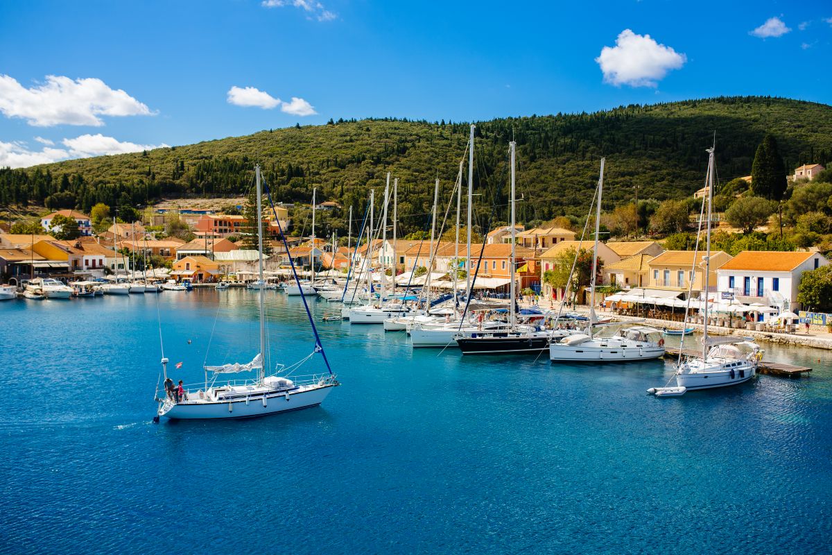 Island of Greece with port and boats on the island of Kefalonia