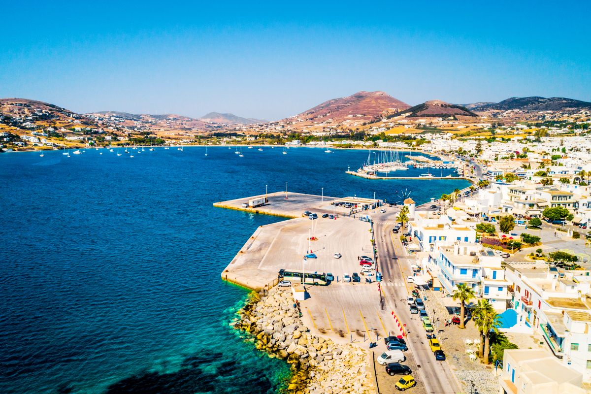 Aerial view of the quay and shoreline on Paros islans