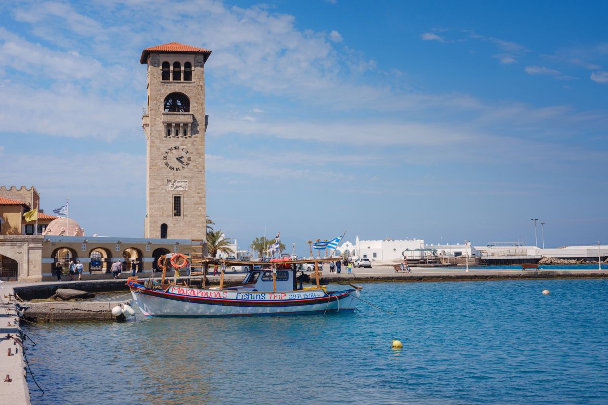 Rhodes, Greece - 16 April 2023: Mandraki harbor on Rhodes