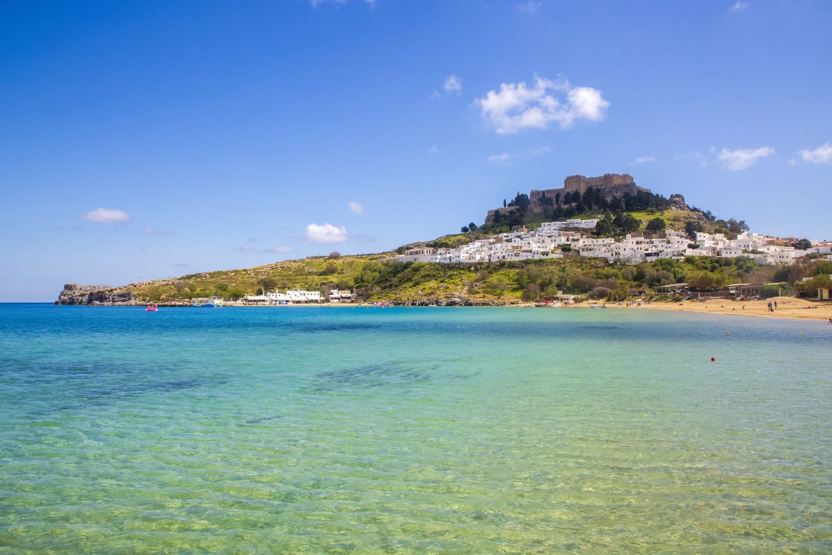 Rhodes, Greece. Lindos small whitewashed village and the Acropol