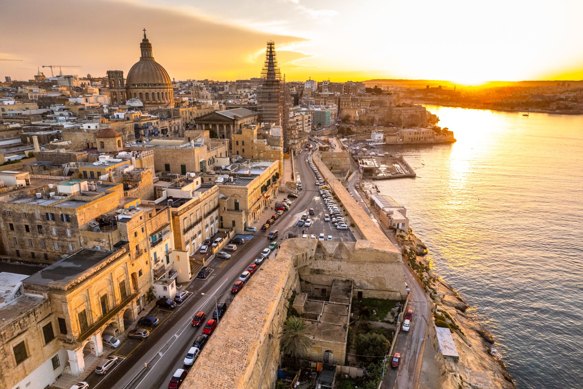Aerial drone skyline of Valletta at sunset, Malta